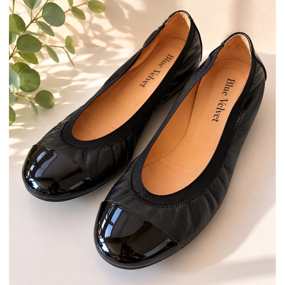 Pretty Ballerinas Blue Velvet Black Leather Cap Toe Ballet Flats Size 40.5 Spain